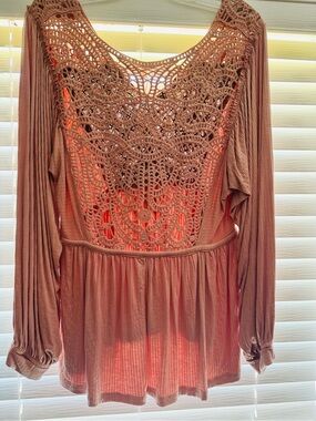 gimmicks by BKE Crochet Yoke Blouse — Rose